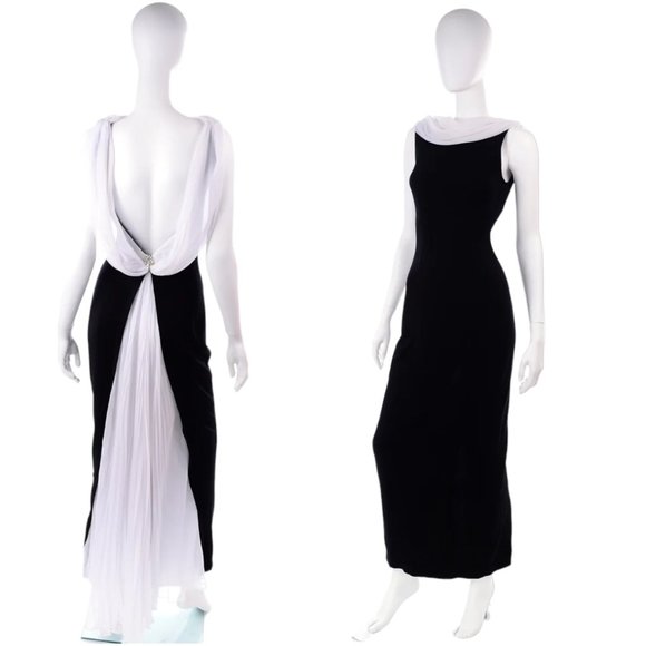 Tadashi Shoji Dresses & Skirts - Tadashi Shohi 1990s Vintage Black Evening Dress W White Chiffon Drape Back Sz XS